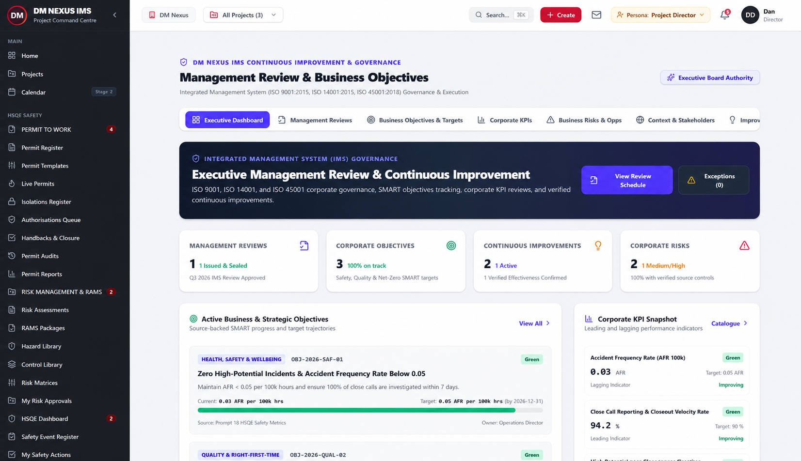 DM Nexus Management Review & Business Objectives Interface